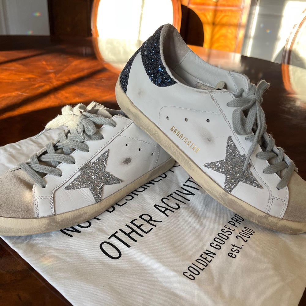 Golden Goose SuperStar sneakers- silver star and glittery navy heel tab Sz 8(38)
